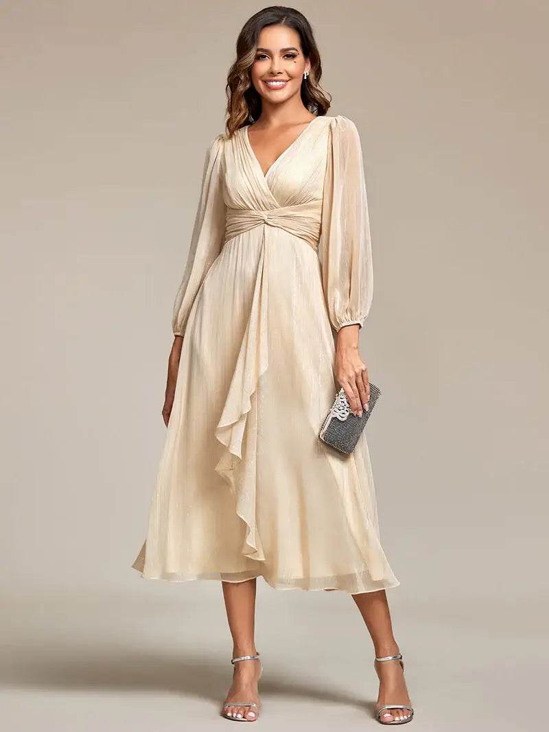 Shiny Chiffon Wedding Guest Dress with Long Sleeves – Elegant & Flowy - Biamonde